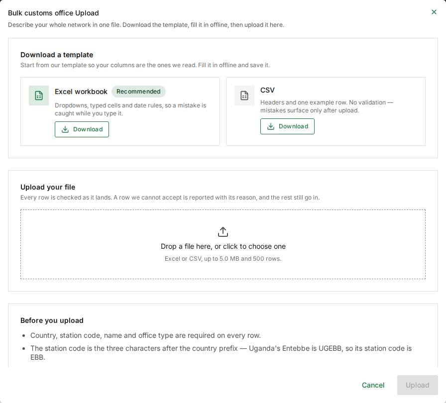 The Bulk customs office Upload window: Excel and CSV templates to download, the drop zone for the file, and the rules under Before you upload