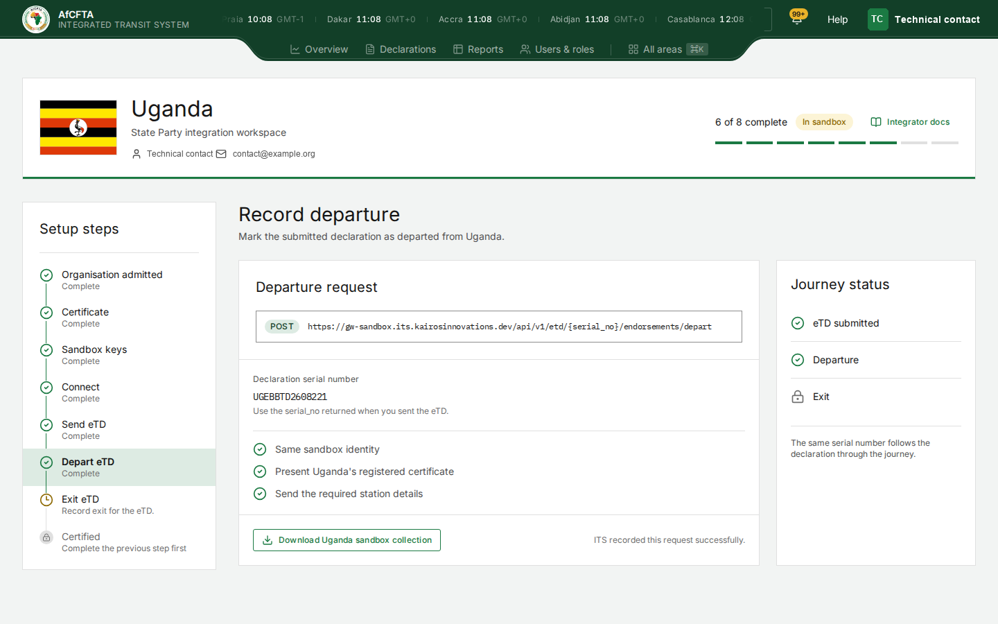 The departure step, showing the departure request and a journey status panel tracking eTD submitted, Departure and Exit.