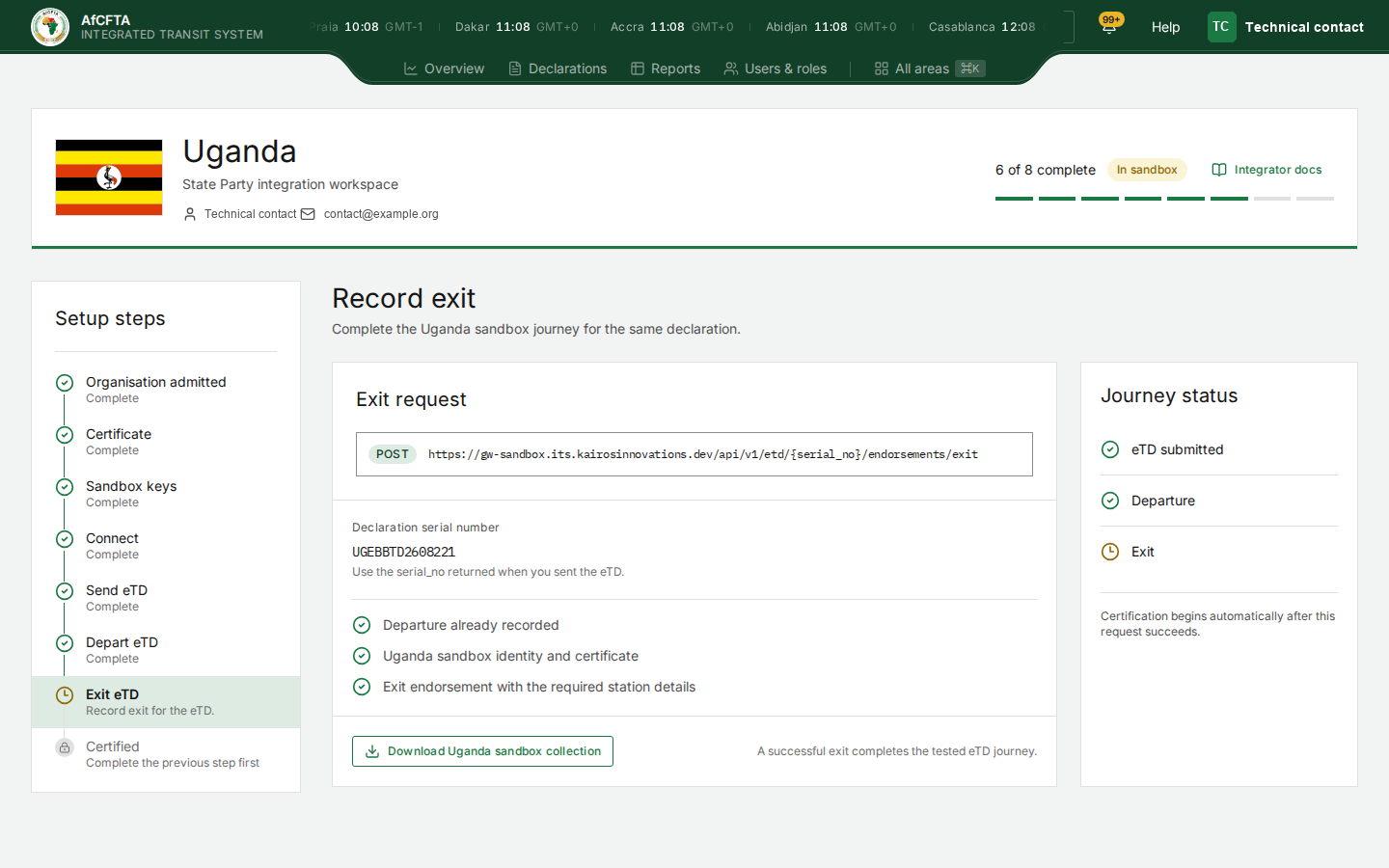 The exit step, whose journey status shows all three complete and notes that certification begins automatically once the request succeeds.