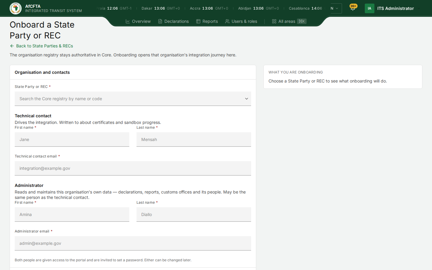 The onboarding form: an organisation search, then first name, last name and email for the technical contact and again for the administrator.